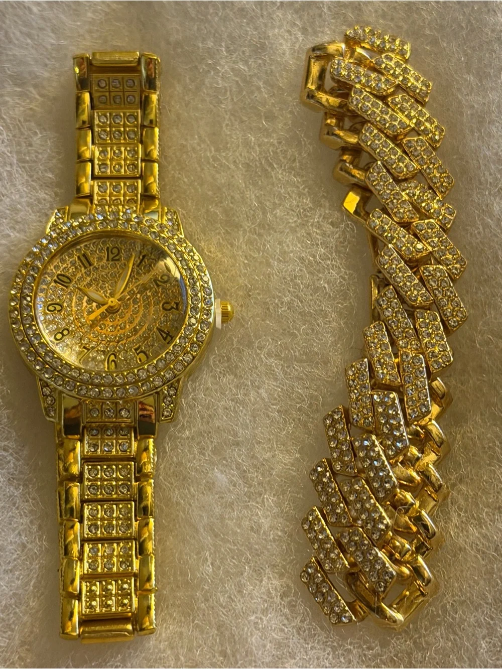 Gold-Tone women’s Iced Watch and Cuban Link Bracelet Set